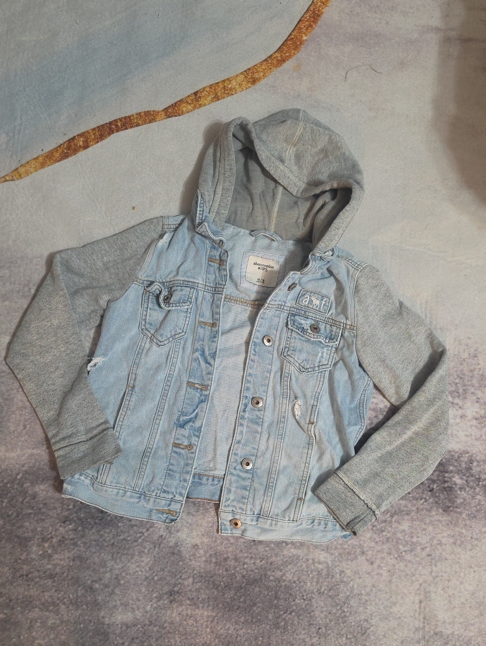 abercrombie kids Light Wash Denim Jacket with Gray Hood & Sleeves